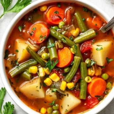 Bowl of easy vegetable soup with colorful vegetables and herbs