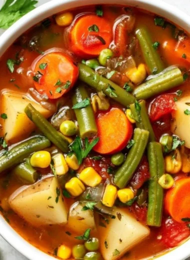 Bowl of easy vegetable soup with colorful vegetables and herbs