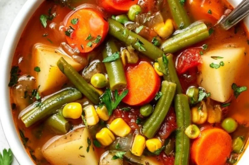Bowl of easy vegetable soup with colorful vegetables and herbs