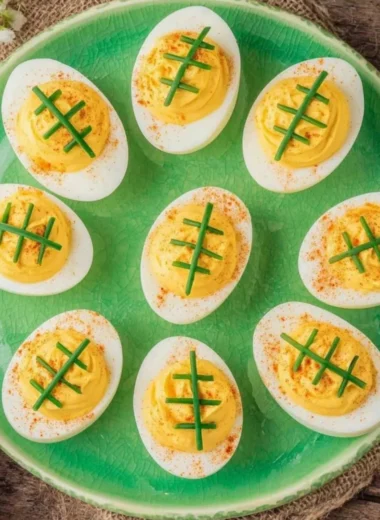 A platter of Football Deviled Eggs decorated for game day