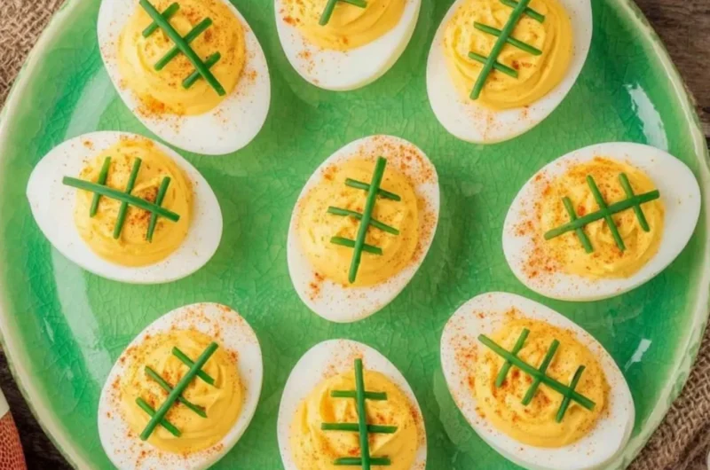 A platter of Football Deviled Eggs decorated for game day