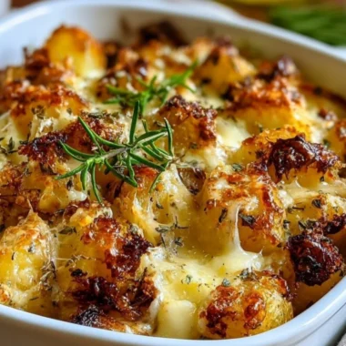 Creamy and cheesy French Onion Potato Bake with golden onions and potatoes.