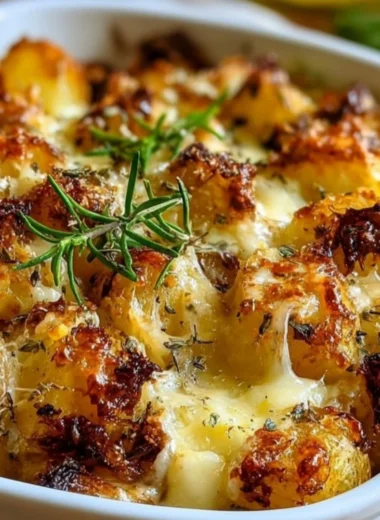Creamy and cheesy French Onion Potato Bake with golden onions and potatoes.