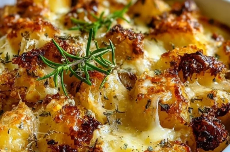 Creamy and cheesy French Onion Potato Bake with golden onions and potatoes.