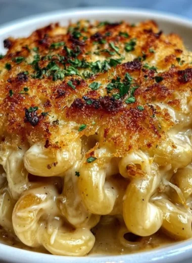 Delicious French Onion Soup Pasta served in a bowl with cheese topping.