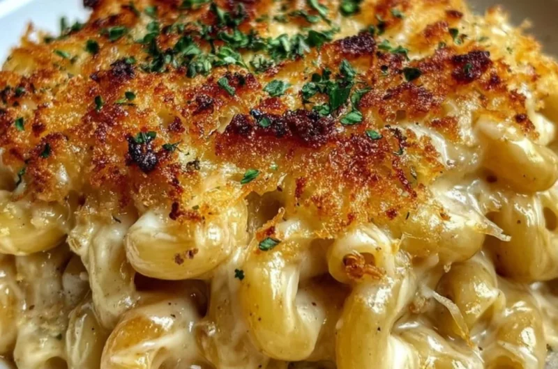 Delicious French Onion Soup Pasta served in a bowl with cheese topping.