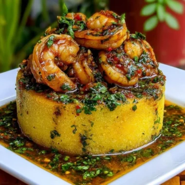 A plate of Garlic Shrimp Mofongo topped with succulent shrimp and garlic sauce.