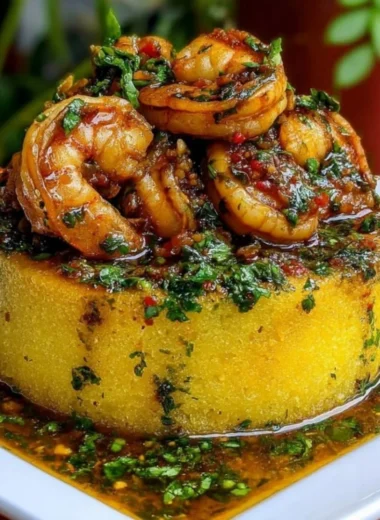 A plate of Garlic Shrimp Mofongo topped with succulent shrimp and garlic sauce.