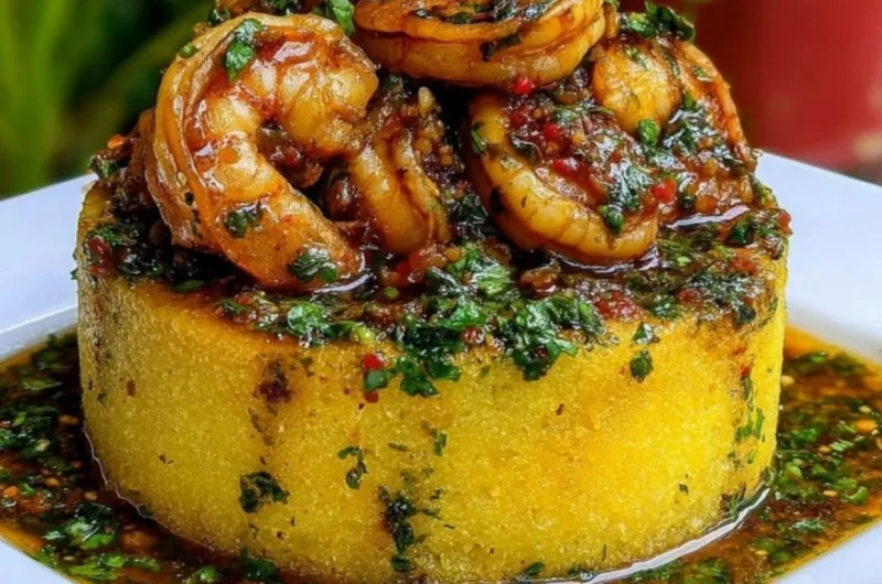 A plate of Garlic Shrimp Mofongo topped with succulent shrimp and garlic sauce.