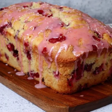 Freshly baked glazed strawberry bread on a wooden table