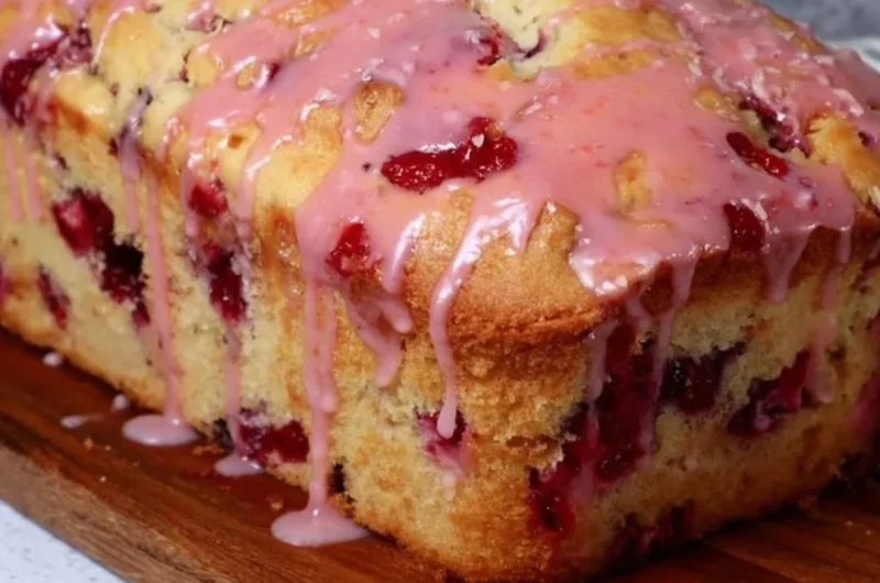 Freshly baked glazed strawberry bread on a wooden table