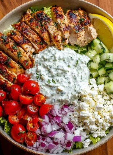 Greek Chicken Bowl with fresh vegetables and herbs