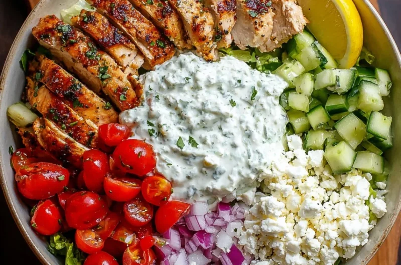 Greek Chicken Bowl with fresh vegetables and herbs