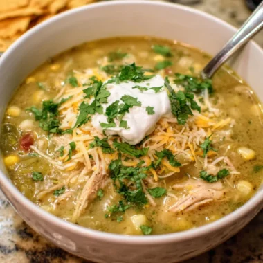Bowl of creamy green enchilada chicken soup garnished with cilantro and lime