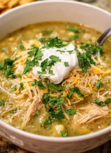 Bowl of creamy green enchilada chicken soup garnished with cilantro and lime