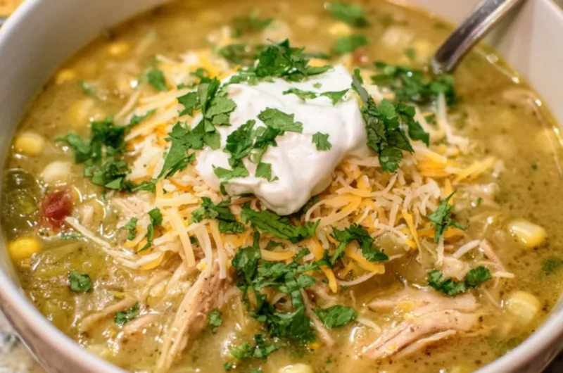 Bowl of creamy green enchilada chicken soup garnished with cilantro and lime