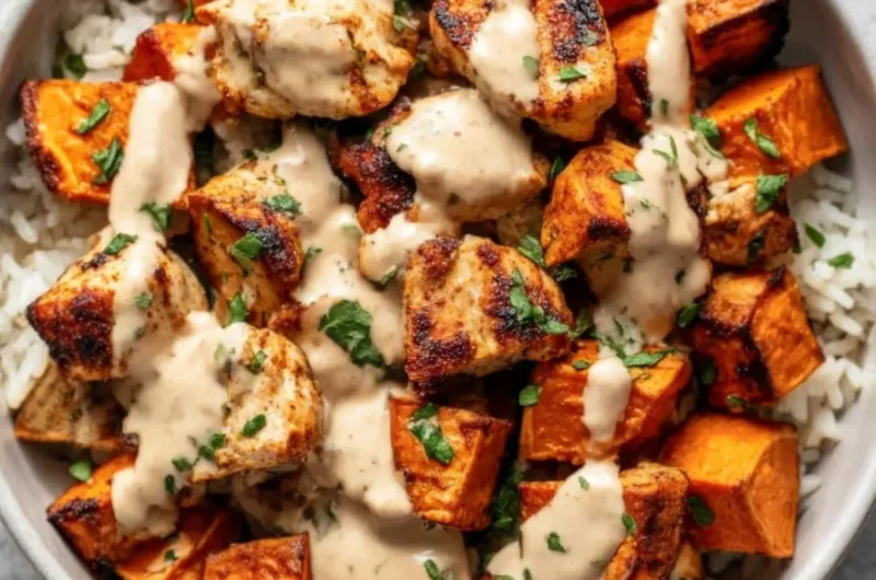 Healthy chicken rice bowl with sweet potatoes and colorful vegetables