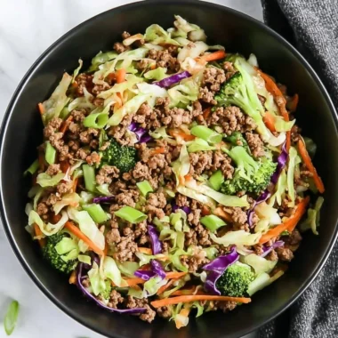 High protein egg roll bowl made with fresh ingredients and vibrant vegetables.