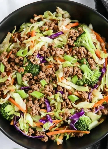 High protein egg roll bowl made with fresh ingredients and vibrant vegetables.