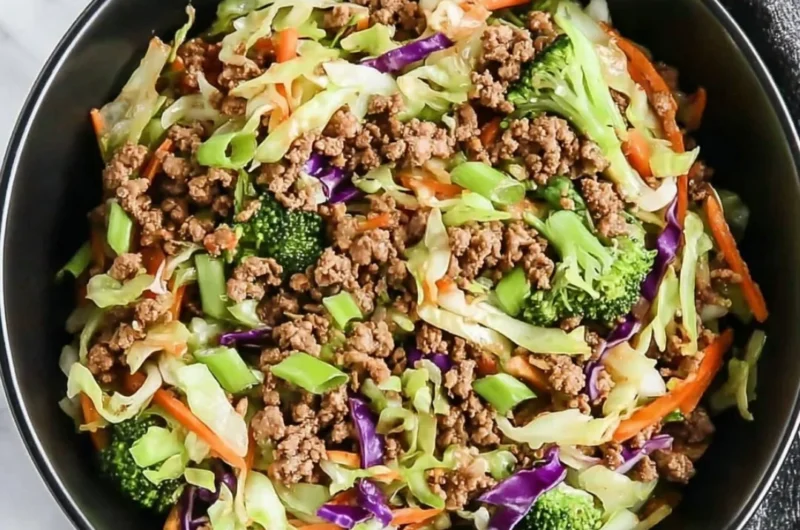 High protein egg roll bowl made with fresh ingredients and vibrant vegetables.