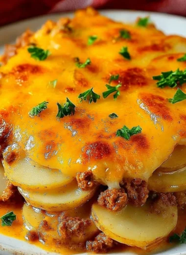 Delicious Hobo Casserole made with ground beef and vegetables in a baking dish