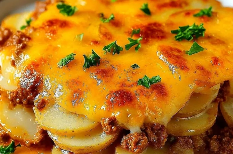 Delicious Hobo Casserole made with ground beef and vegetables in a baking dish