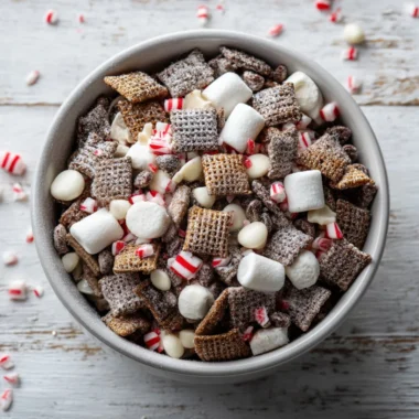 Bowl of homemade Holiday Chocolate Chex Mix with festive decorations