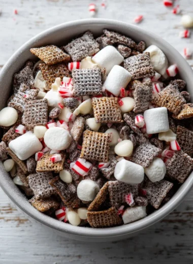 Bowl of homemade Holiday Chocolate Chex Mix with festive decorations
