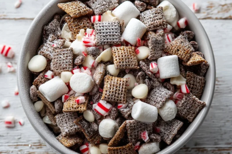 Bowl of homemade Holiday Chocolate Chex Mix with festive decorations