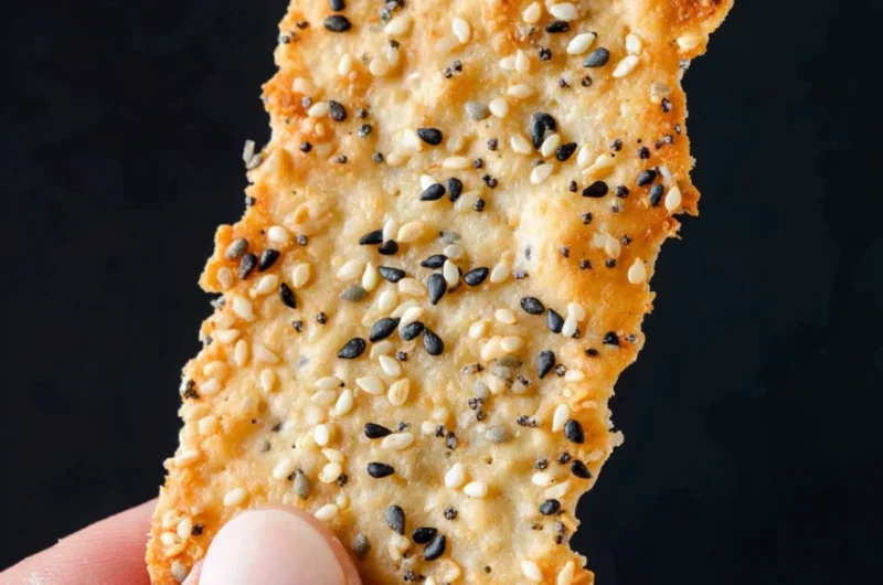 Homemade sourdough crackers displayed on a rustic wooden board