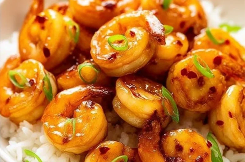 Plate of Honey Garlic Shrimp garnished with green onions and sesame seeds