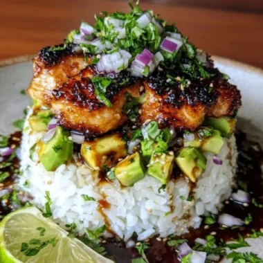Honey Lime Chicken & Avocado Rice Stack dish