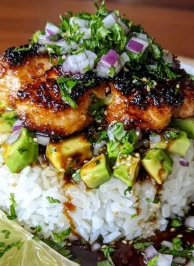 Honey Lime Chicken & Avocado Rice Stack dish