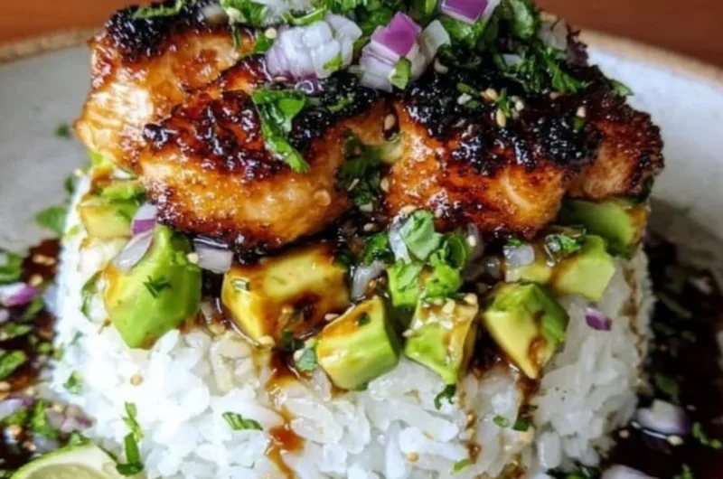 Honey Lime Chicken & Avocado Rice Stack dish