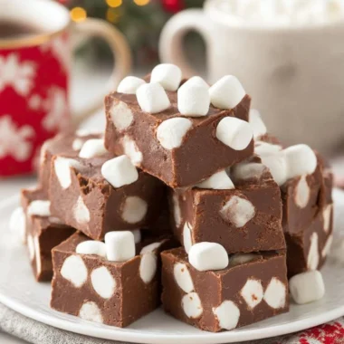 Delicious hot chocolate fudge topped with fluffy marshmallows