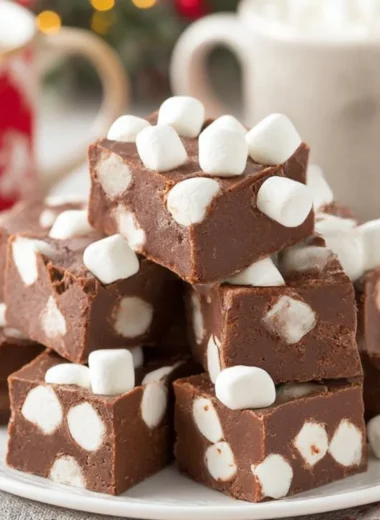 Delicious hot chocolate fudge topped with fluffy marshmallows