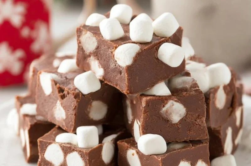 Delicious hot chocolate fudge topped with fluffy marshmallows