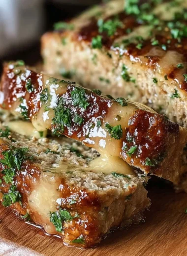 Juicy garlic parmesan chicken meatloaf served with herbs and spices
