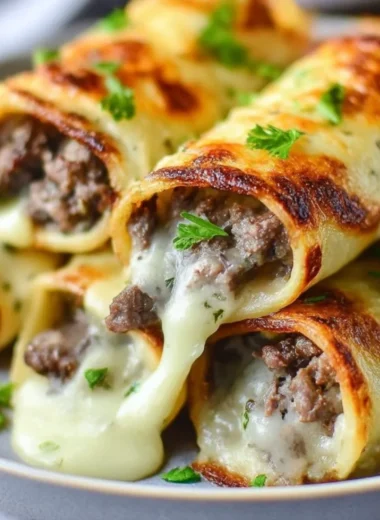 Keto Philly Cheesesteak Rolls with cheese and peppers on a plate