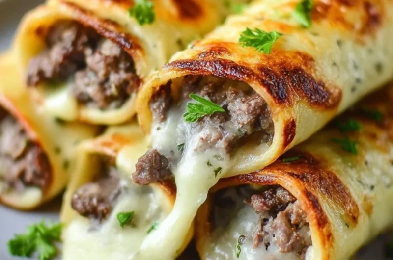 Keto Philly Cheesesteak Rolls with cheese and peppers on a plate