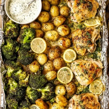 Tender Lemon Garlic Chicken garnished with fresh herbs and served on a plate.