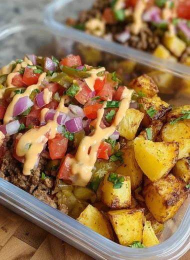 Loaded Potato Taco Bowl with creamy potatoes and fresh toppings