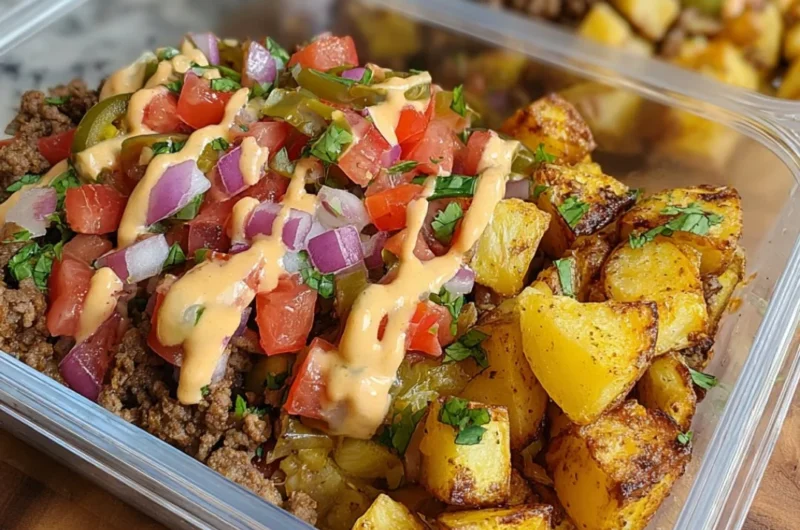 Loaded Potato Taco Bowl with creamy potatoes and fresh toppings
