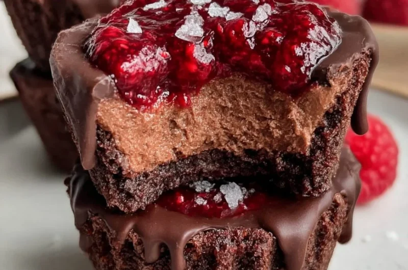 No-bake raspberry chocolate mousse cups topped with fresh raspberries