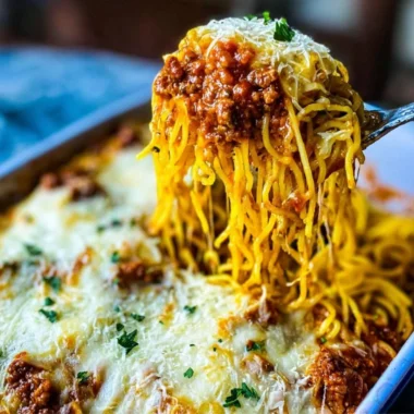 Delicious Million Dollar Spaghetti Casserole topped with cheese in a baking dish