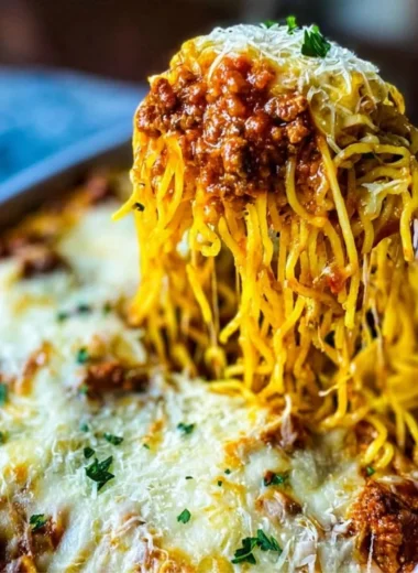 Delicious Million Dollar Spaghetti Casserole topped with cheese in a baking dish