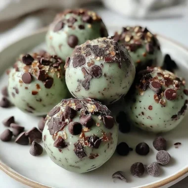 Homemade Mint Chocolate Chip Protein Balls with fresh mint and chocolate chips