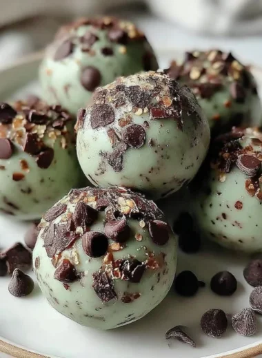 Homemade Mint Chocolate Chip Protein Balls with fresh mint and chocolate chips