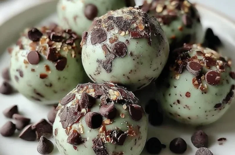 Homemade Mint Chocolate Chip Protein Balls with fresh mint and chocolate chips