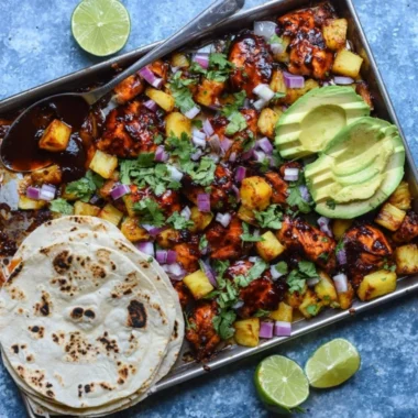 One Pan Chicken & Pineapple Tacos with fresh ingredients and vibrant colors